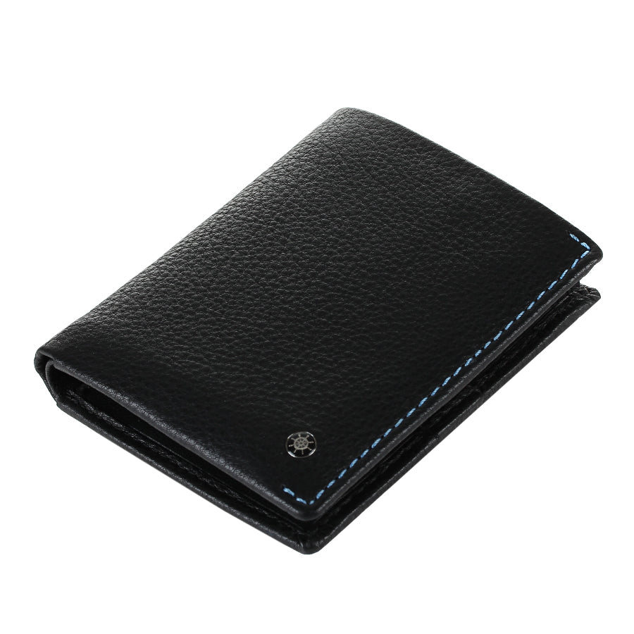 Tony Perotti Timone 11071 black compact leather wallet lying closed, angled view