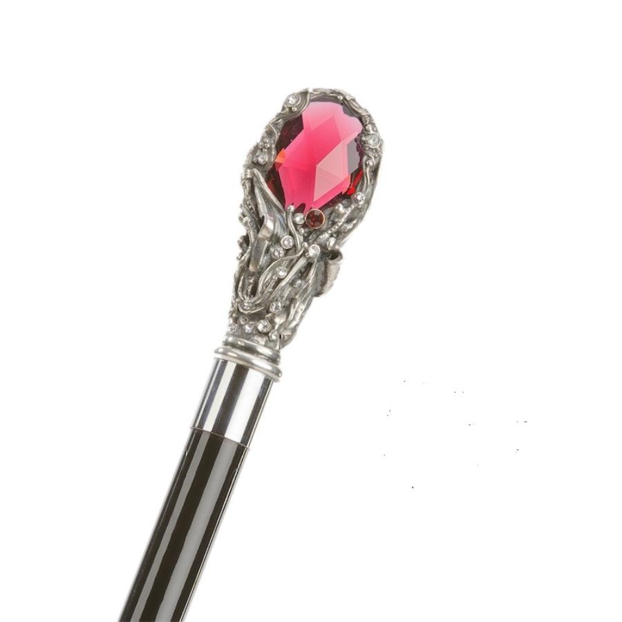 Faceted red crystal in an ornate silver-tone setting above the black shaft