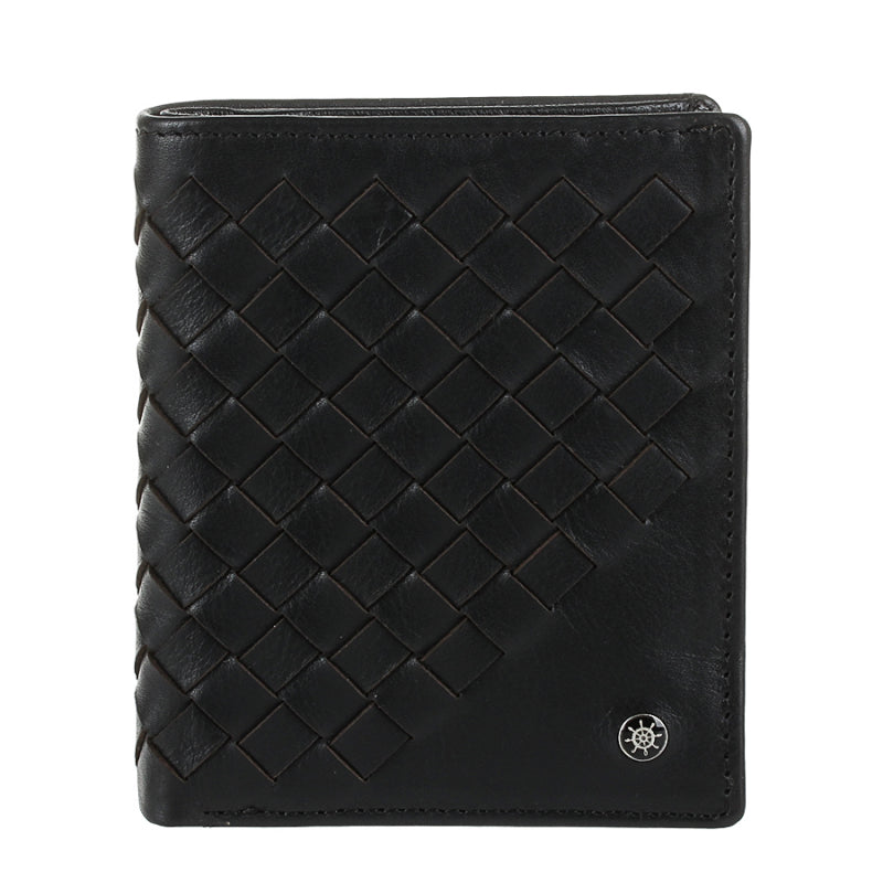 Tony Perotti Timone intrecciato 12071 nero black woven leather compact wallet, front with ship's wheel plate