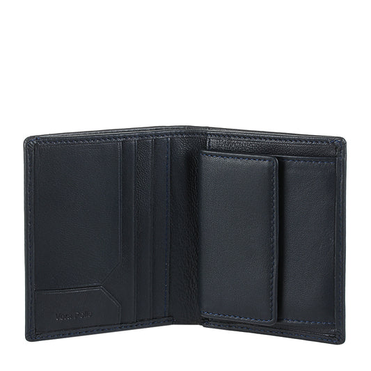 Open Tony Perotti Timone intrecciato 12071 navy wallet with vertical card slots, Vera Pelle pocket and snap coin pocket