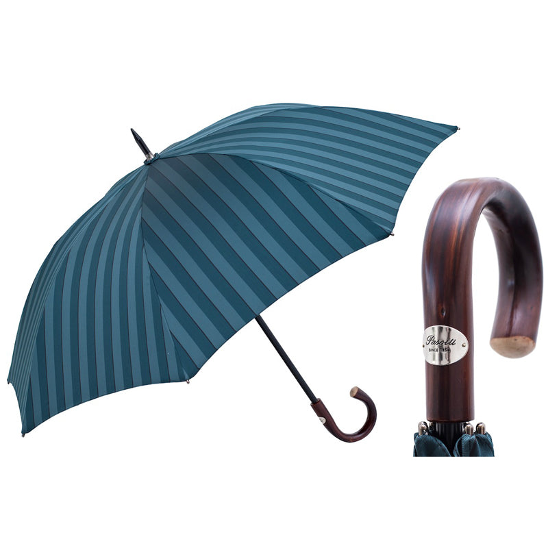 Pasotti men's teal blue striped umbrella with dark chestnut handle, open, with a close-up of the handle — 145 Conrad-4 CS