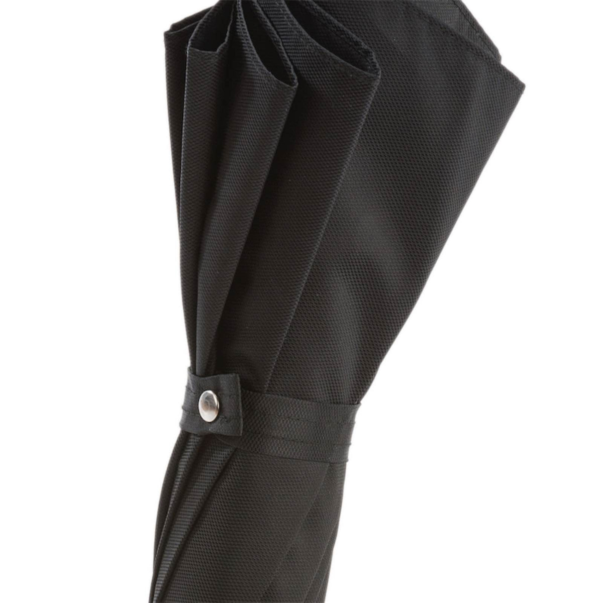 Furled canopy close-up: textured black fabric and strap with silver-tone snap button