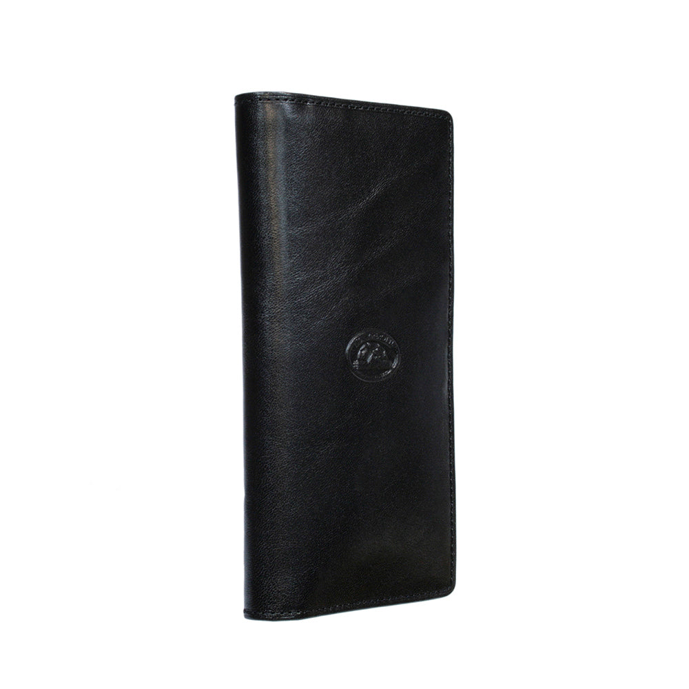 Tony Perotti men's black leather coat wallet — angled view showing slim vertical profile