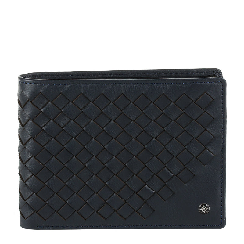 Tony Perotti Timone intrecciato 12013 navy navy woven leather bifold wallet, front with ship's wheel plate