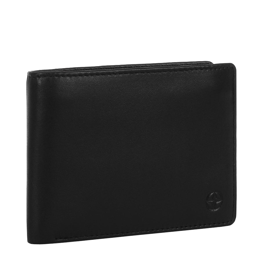 Black Tony Perotti Cortina 5057 bifold wallet standing at a three-quarter angle, closed