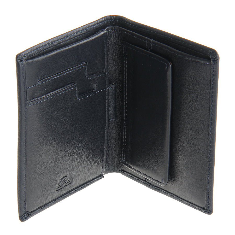 Navy leather wallet Tony Perotti New Contatto 3504 navy half-open — card slots and coin pocket flap