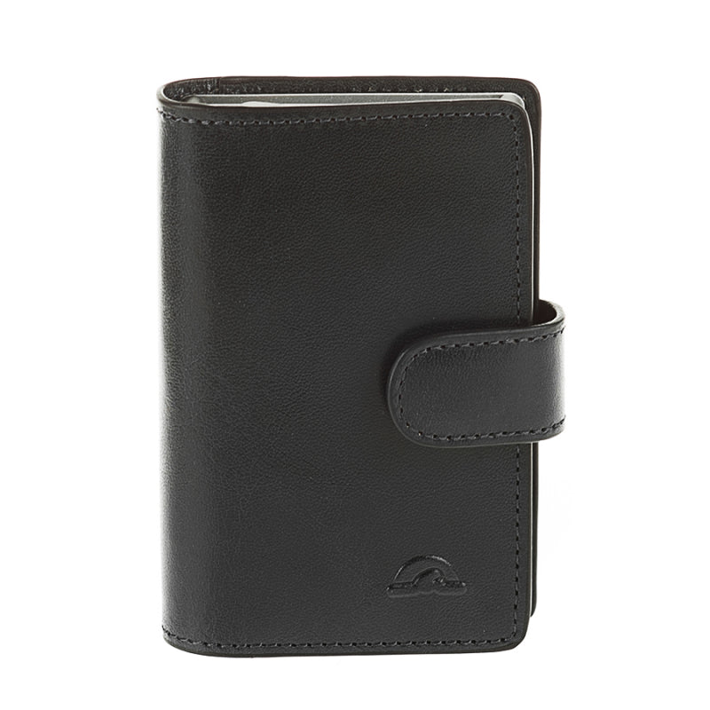 Tony Perotti Nevada 3776 nero — the black leather business card holder closed, with the strap and the embossed mark