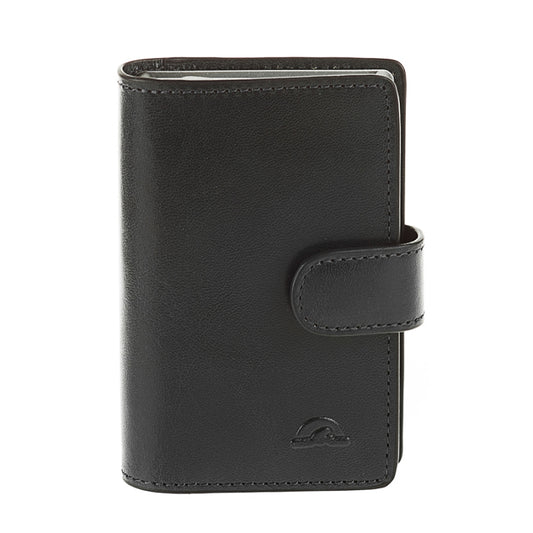 Tony Perotti Nevada 3776 nero — the black leather business card holder closed, with the strap and the embossed mark