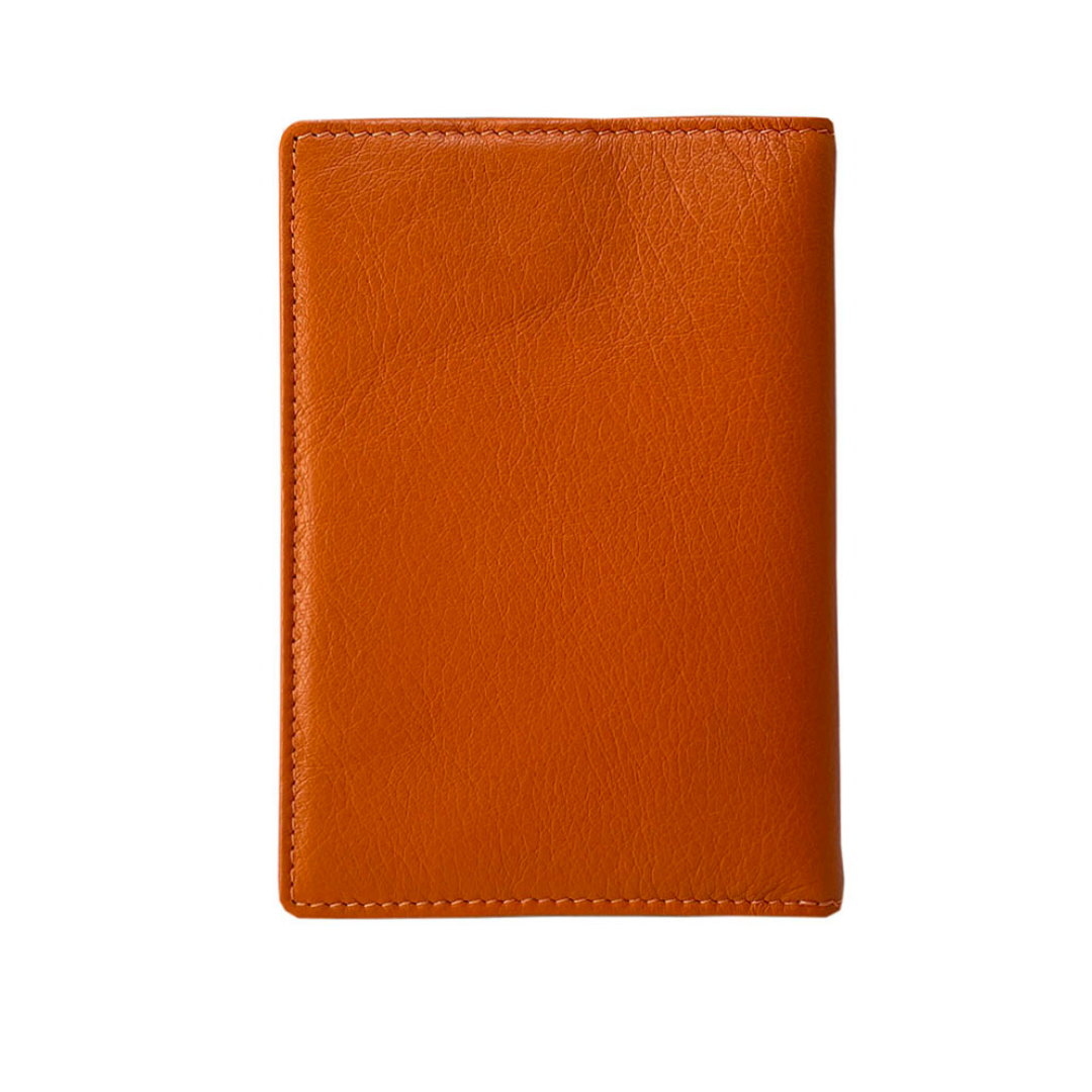 Back of the orange leather passport cover Tony Perotti Contatto 2241 arancio — plain pebbled leather with tonal stitching