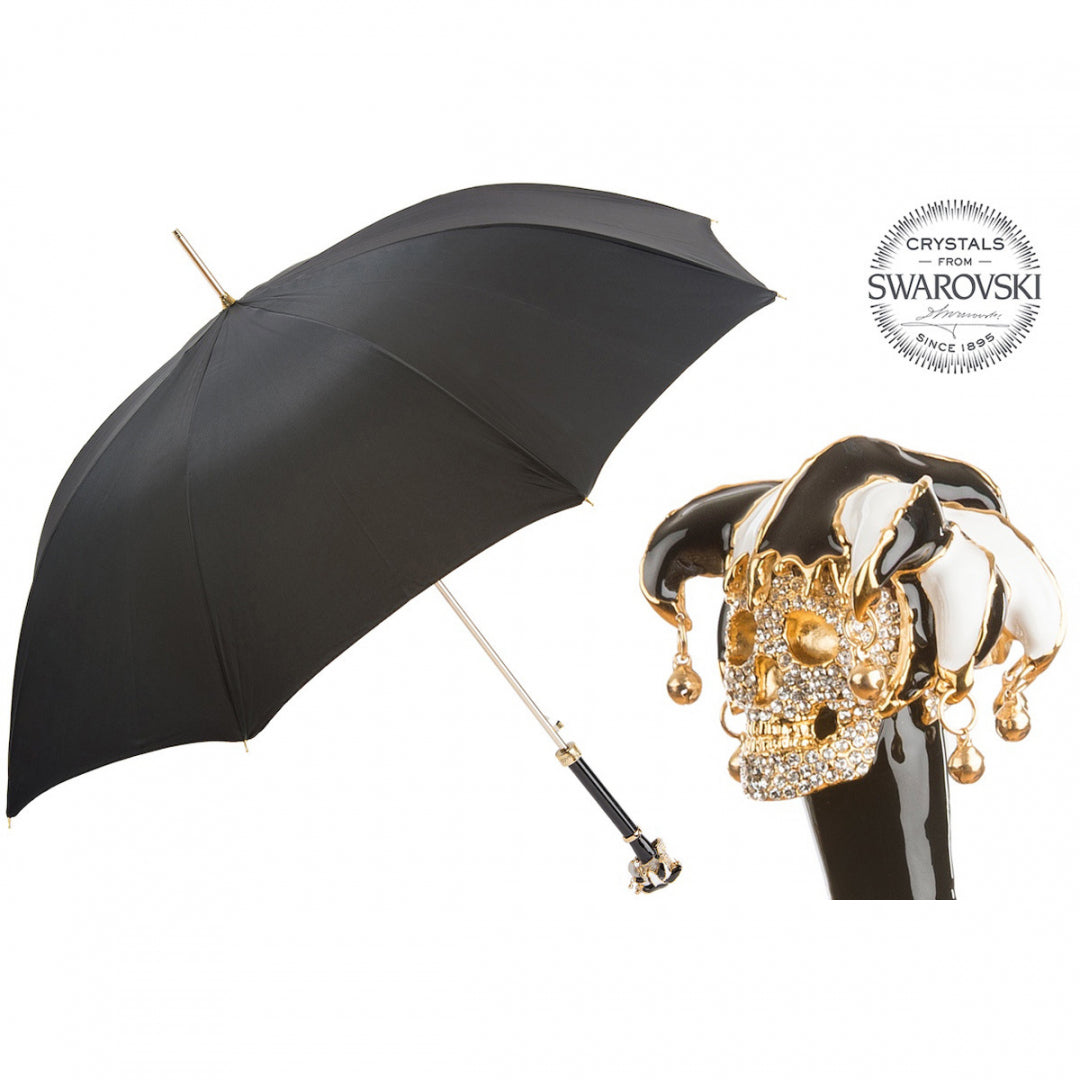 Pasotti men's black umbrella with jester skull handle and Swarovski crystals, open, with a close-up of the handle — 479 Oxf-18 K58