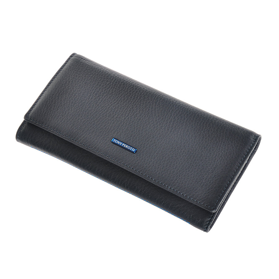 Tony Perotti navy leather flap wallet — angled closed front view