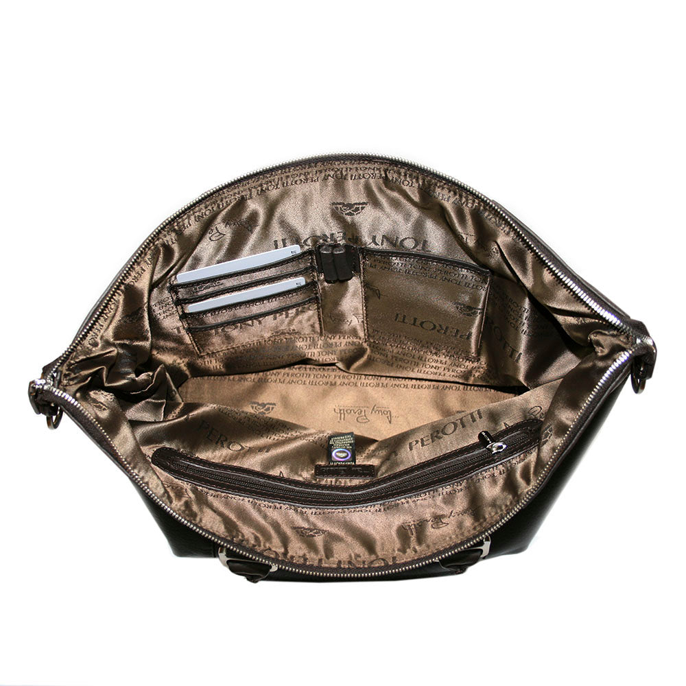 Inside the Tony Perotti Contatto 9217-31 moro handbag — golden-brown silk lining woven with the repeating Tony Perotti name, zipped pocket, card slots and the hologram authenticity tag