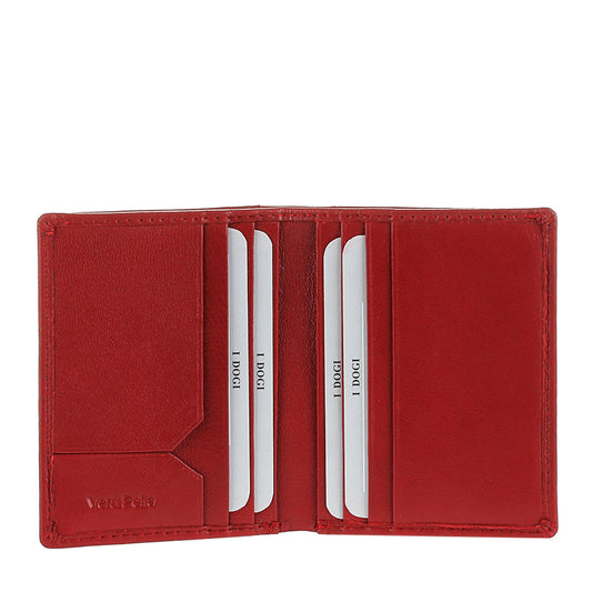 Tony Perotti Cortina 5045 rosso — opened flat: two card slots and a notched slip pocket on each inner panel, with «Vera Pelle» embossed