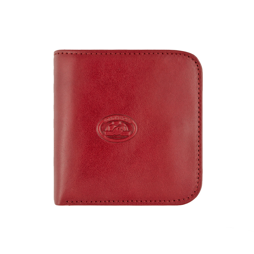 Tony Perotti Italico 1858S rosso women's red leather compact wallet with a rounded corner, closed — embossed oval Tony Perotti emblem