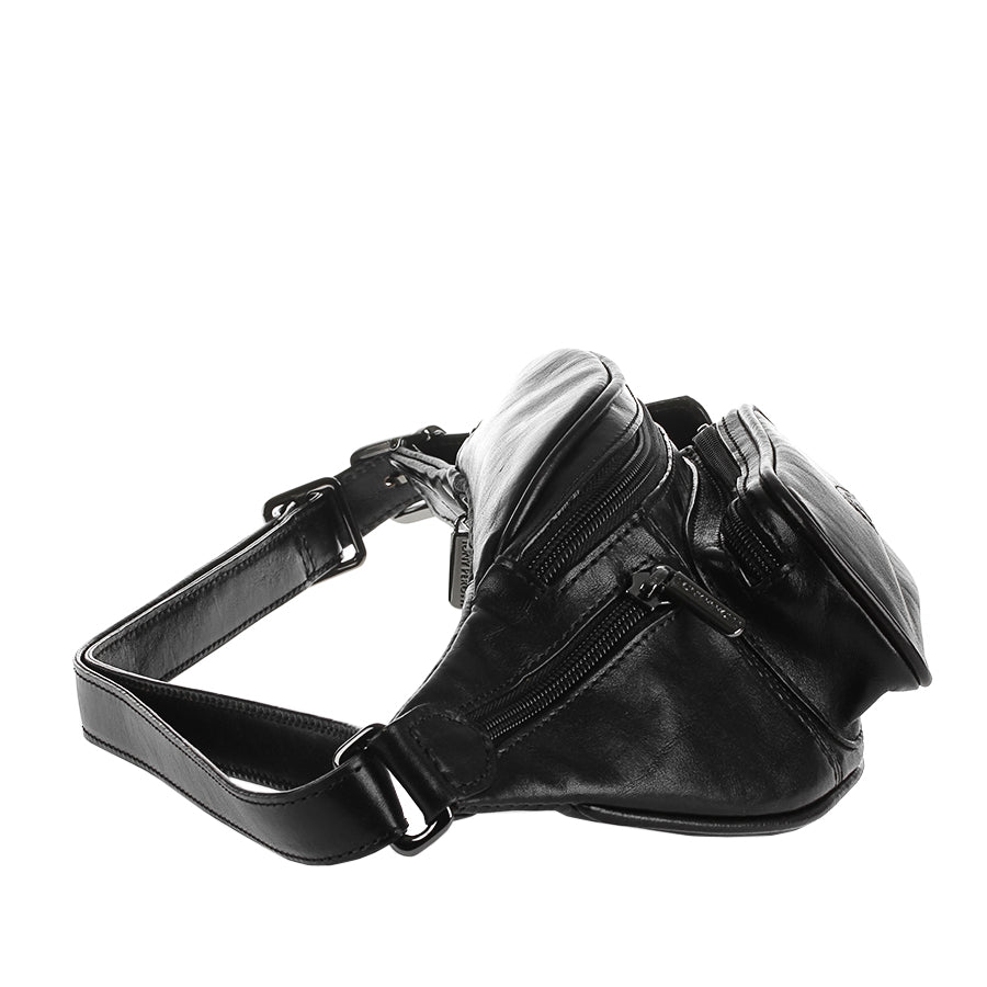 Side profile of the black Tony Perotti Italico 8018 belt bag with the leather belt