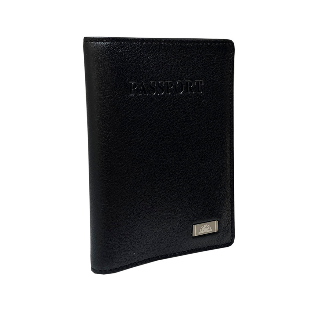 Angled view of the black Tony Perotti Contatto 2241 nero passport cover showing the fine pebbled grain and the silver-tone logo plate