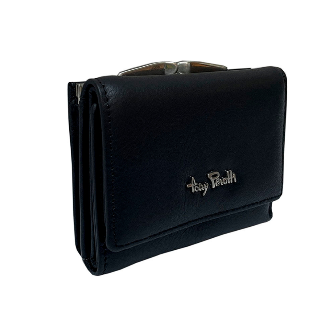 Tony Perotti women's black leather trifold wallet — front with metal logo, handcrafted in Italy