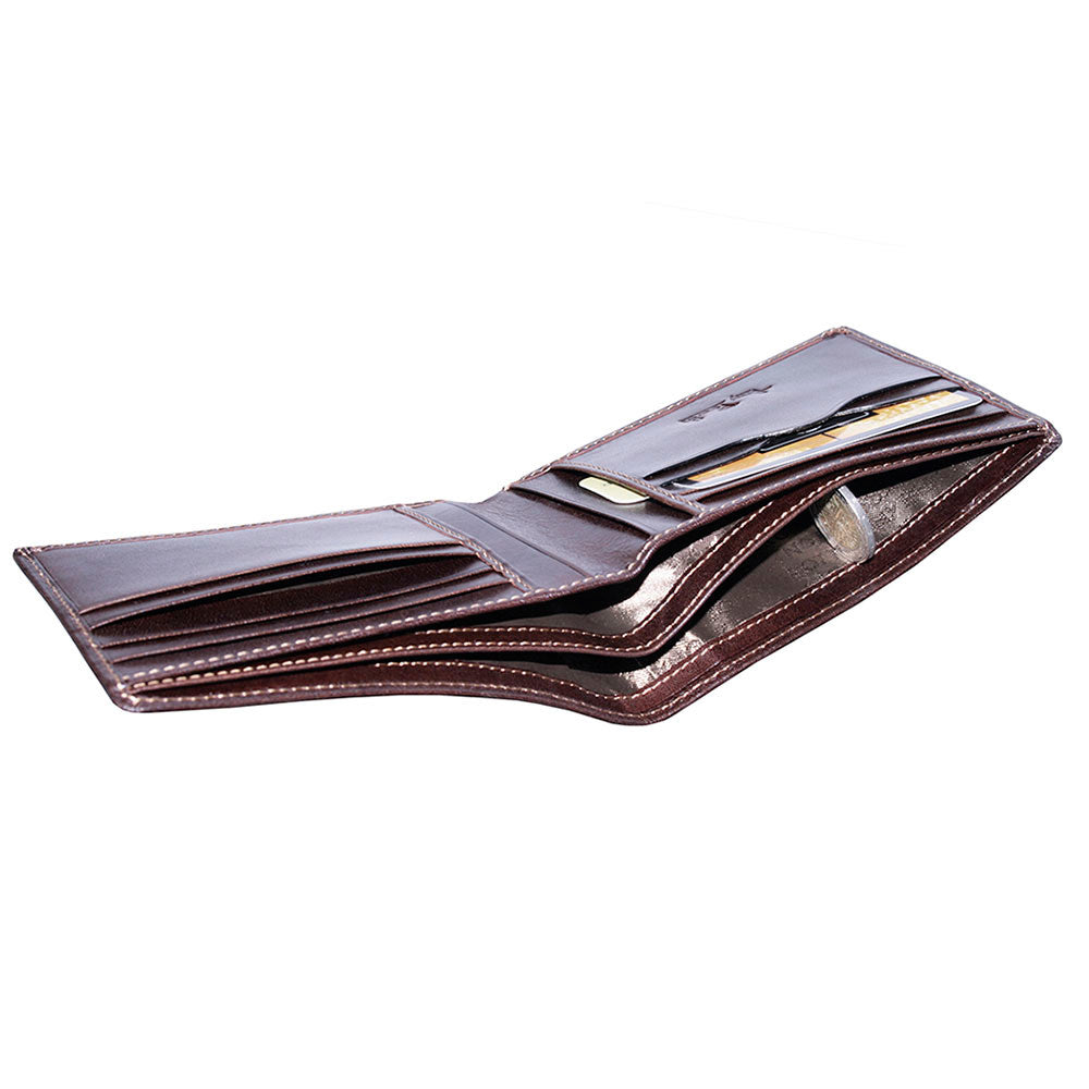 Tony Perotti dark brown bifold wallet — partly open side profile showing interior sections