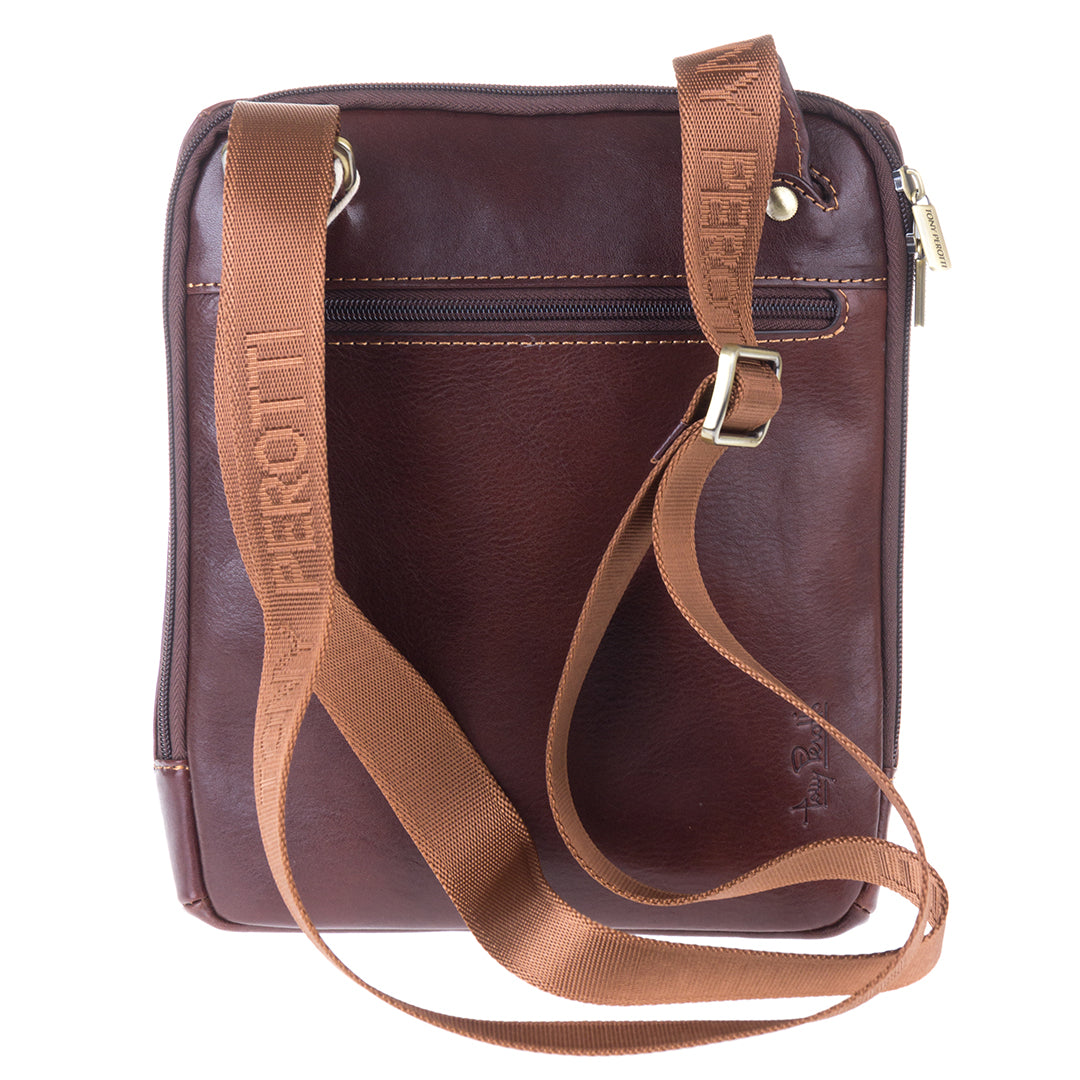 Back of the dark brown Italico 9137-20 bag — rear zip pocket and light brown strap with woven Tony Perotti lettering