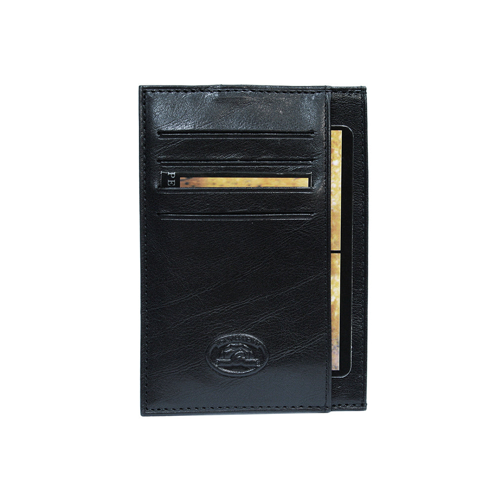 Black leather card holder with cards in slots and side pocket — Tony Perotti Italico 1203 nero