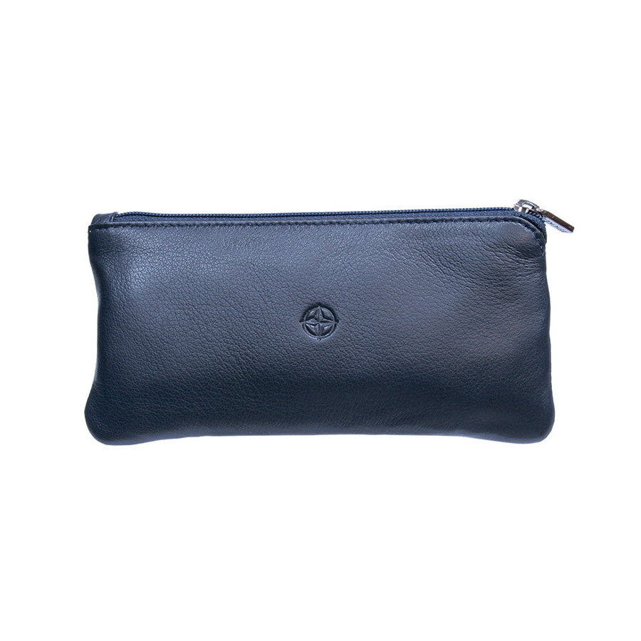 Tony Perotti Cortina 5021 navy — navy leather key case, front with the embossed compass-rose emblem and the top zip