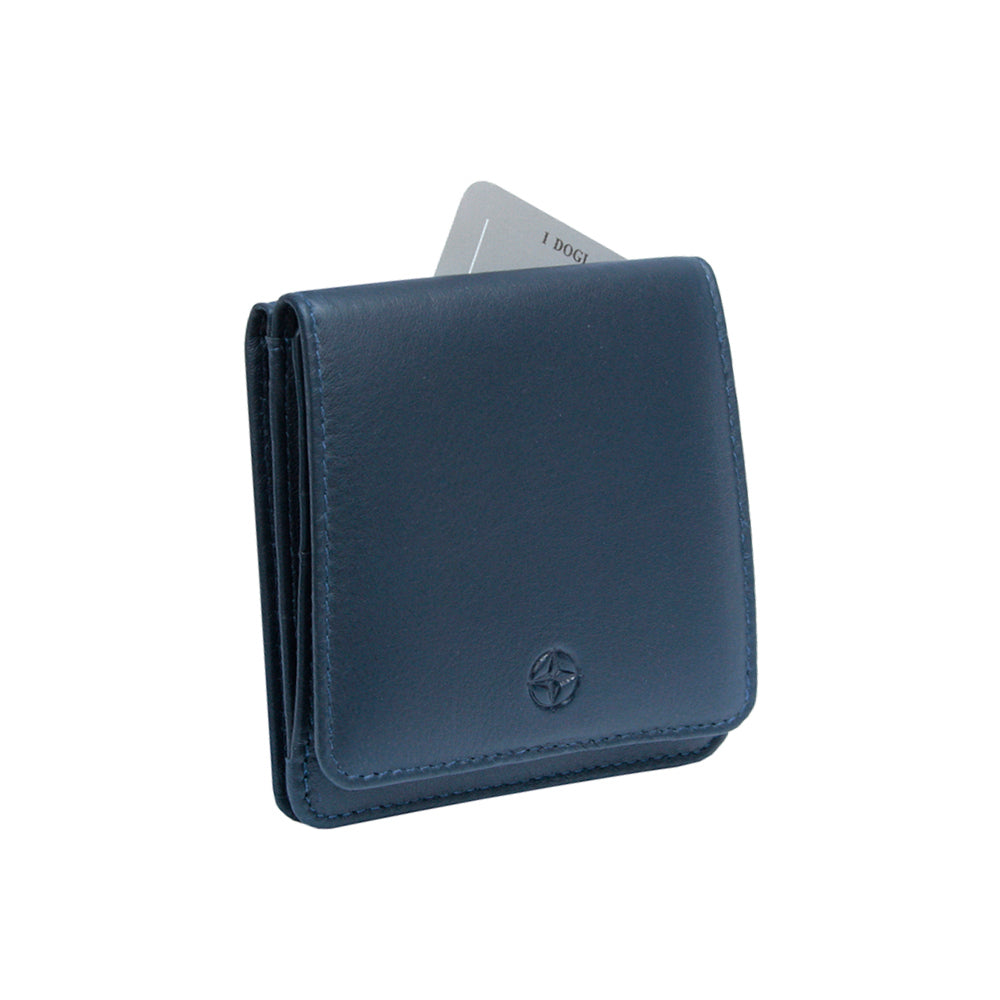 Navy Tony Perotti Cortina 5064 wallet closed at an angle with a card standing out of the top