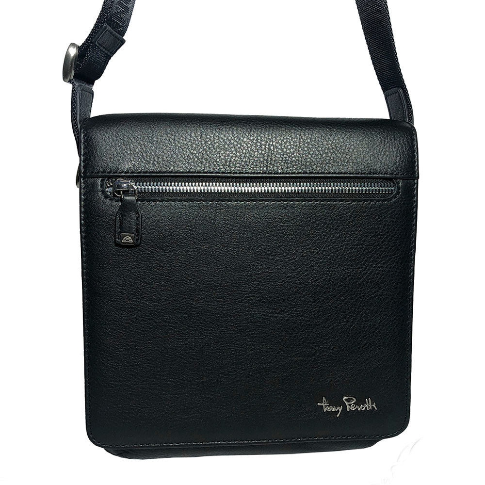 Front of the black Contatto 9027-20 — the zip pocket under the flap and the metal Tony Perotti signature