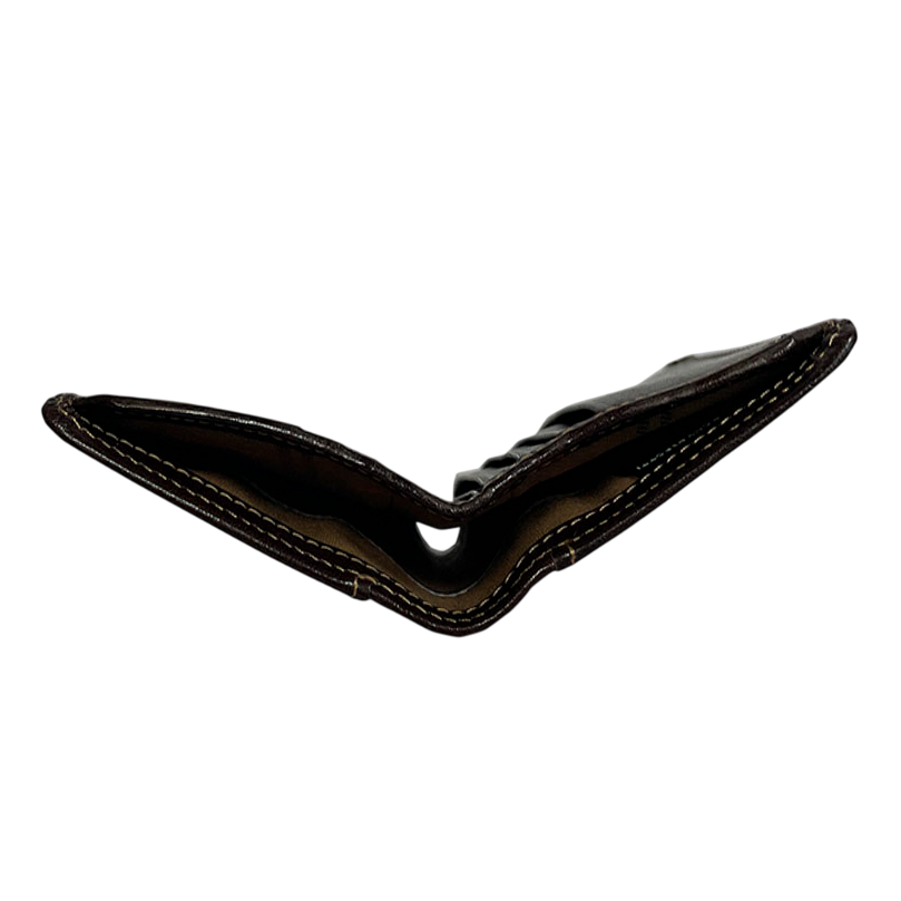Dark brown leather card holder half open, side profile, handcrafted in Italy — Tony Perotti Italico 1034N moro