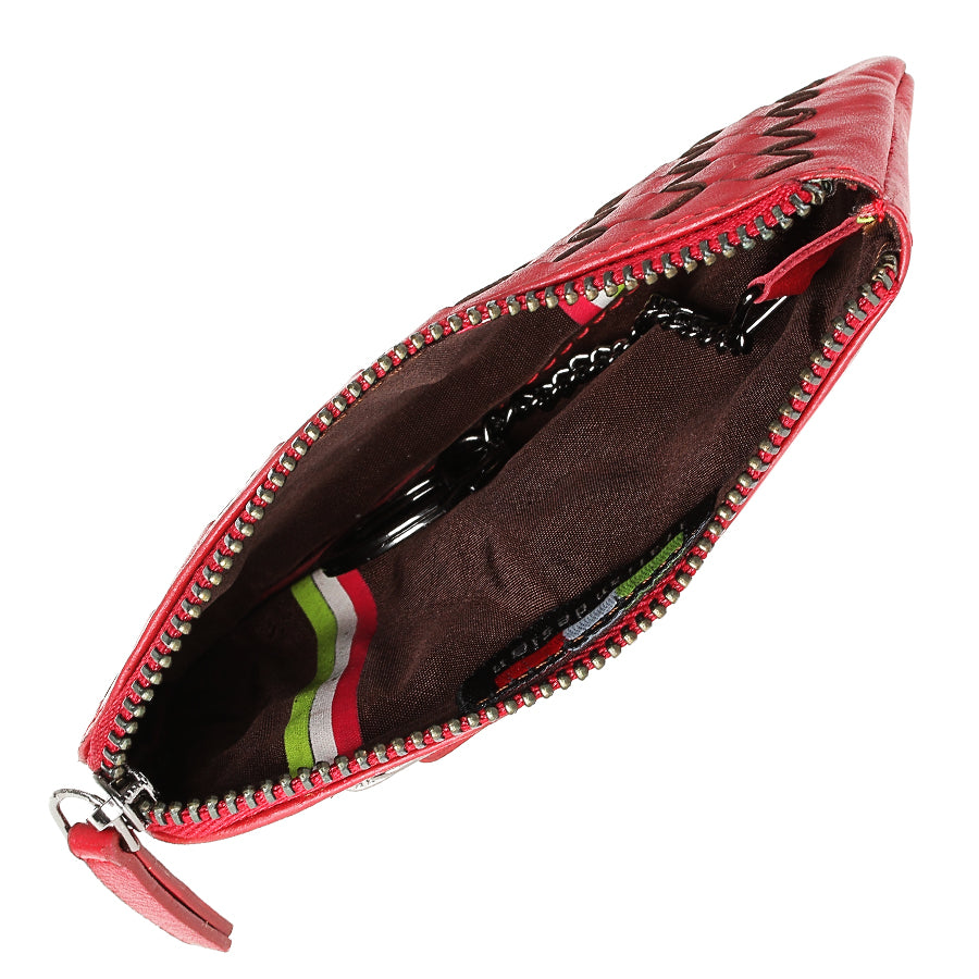 Open Tony Perotti Timone intrecciato 12002 rosso key case with key ring on a chain and tricolour ribbon