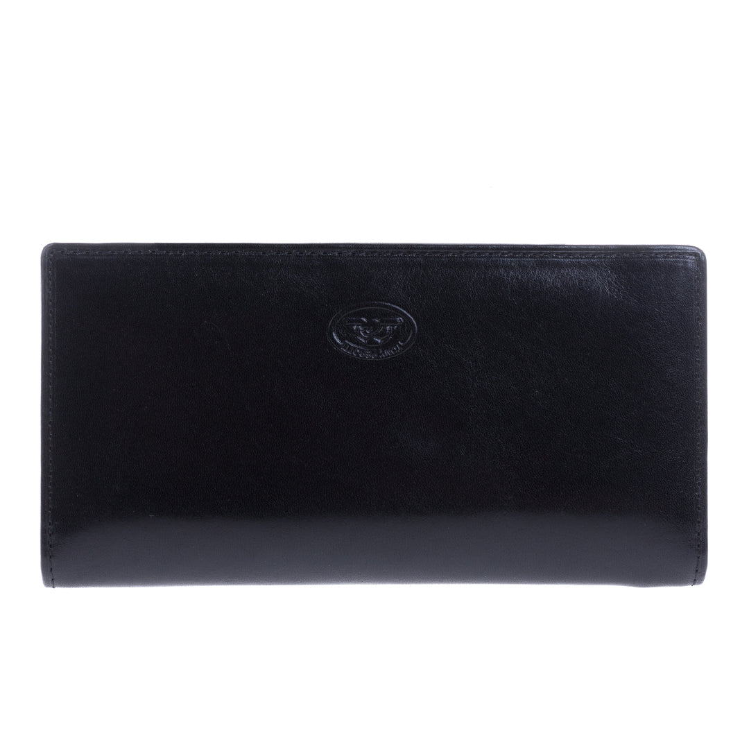 Tony Perotti Italico 2770 nero women's black leather RFID flap wallet — closed front view with the embossed oval Tony Perotti emblem