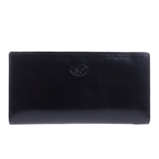 Tony Perotti Italico 2770 nero women's black leather RFID flap wallet — closed front view with the embossed oval Tony Perotti emblem
