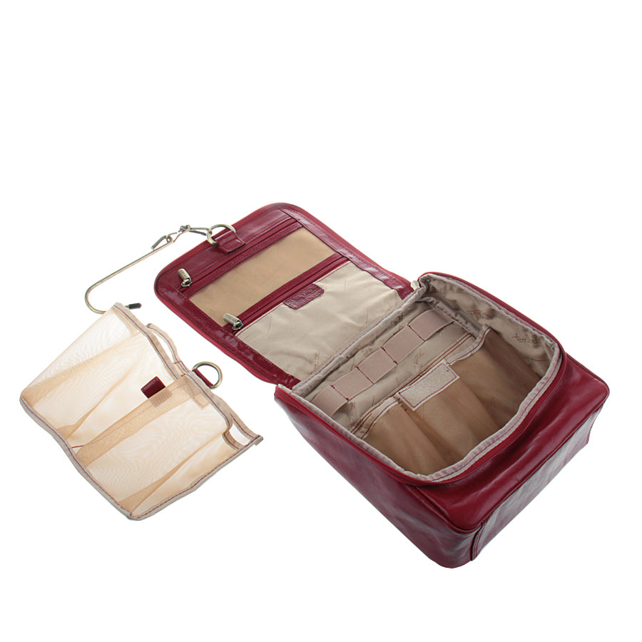 Tony Perotti Italico 8220 rosso toiletry bag with the removable mesh organiser taken out and the hook alongside