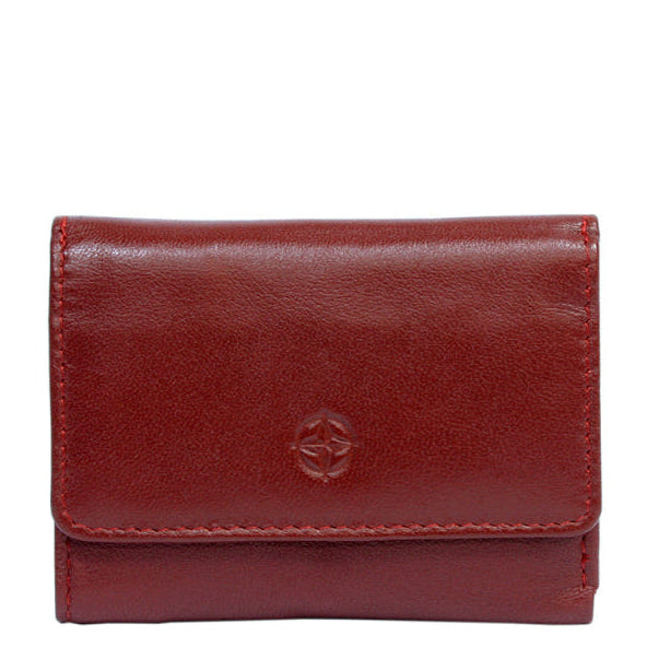 Red Tony Perotti Cortina 5056 small trifold wallet seen straight on, closed, with the embossed compass rose on the flap