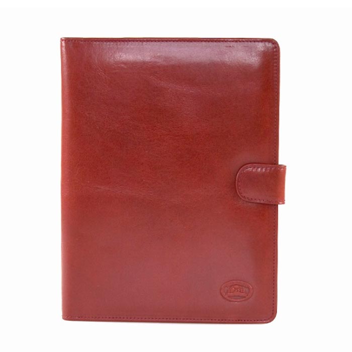Tony Perotti Italico 2590 red leather portfolio — front with the leather tab closure and the embossed turtle emblem