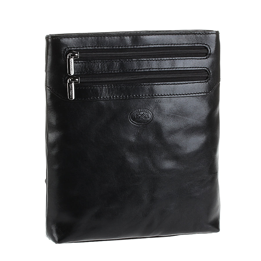 Angled view of the Tony Perotti Italico 6048 black crossbody bag showing glossy full-grain bull leather