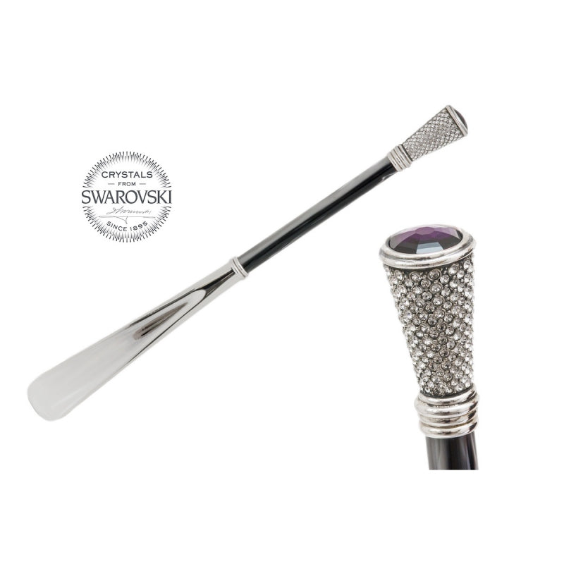 Pasotti Swarovski crystal shoehorn, full view with a close-up of the handle — CS W72PG