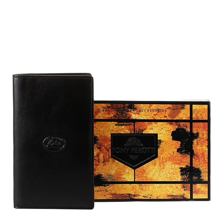 Tony Perotti Italico 1438 nero black leather coat wallet next to the printed orange Tony Perotti gift box