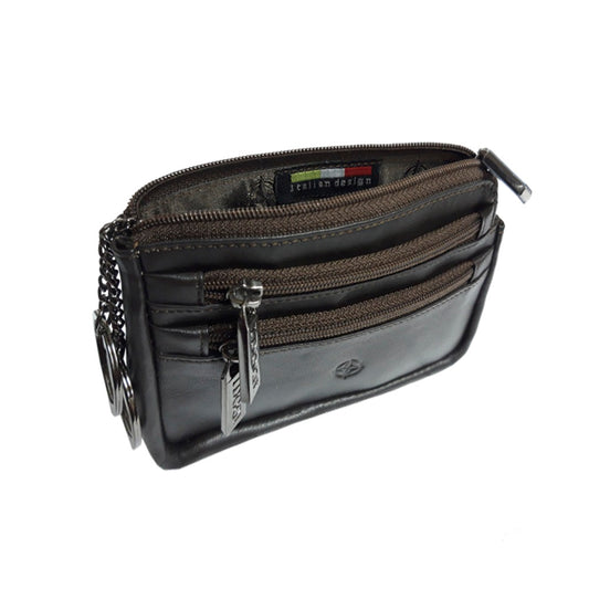 Dark brown leather key pouch open, showing the main compartment and Italian design label — Cortina 5016 moro