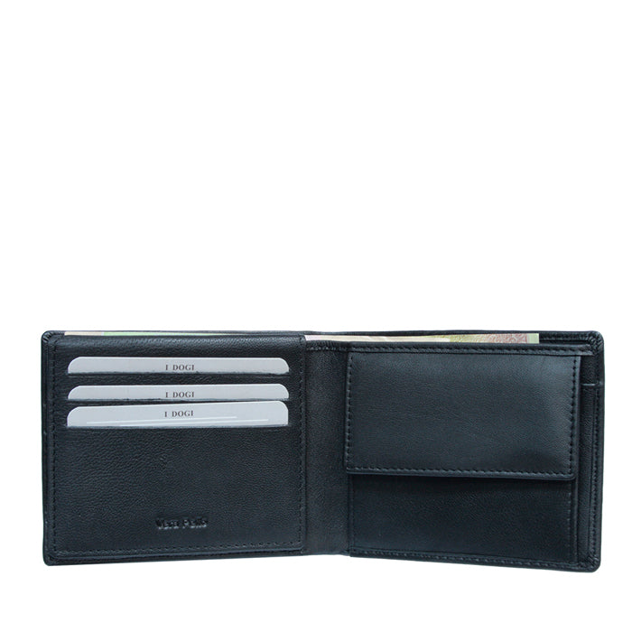 Open black leather bifold wallet showing card slots and snap coin pocket — Tony Perotti Cortina 5078