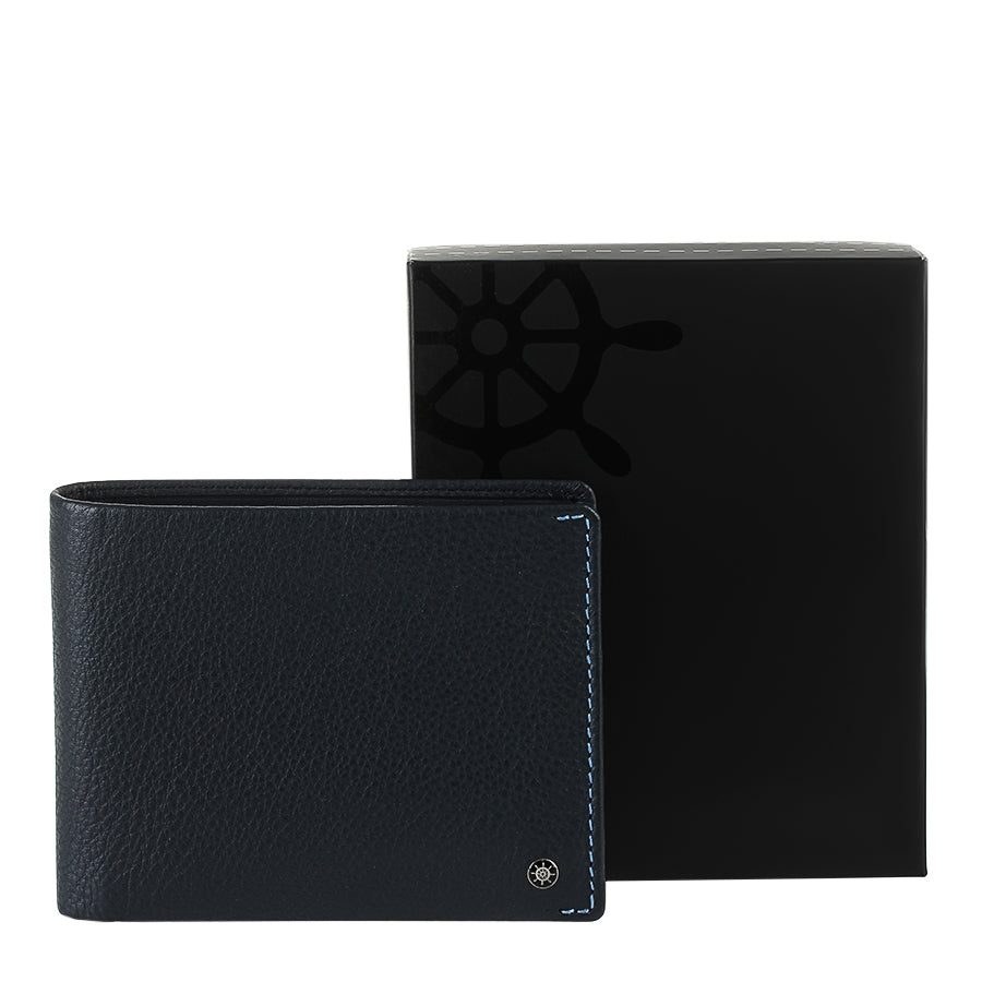 Tony Perotti Timone 11012 navy leather wallet with black gift box printed with a ship's wheel