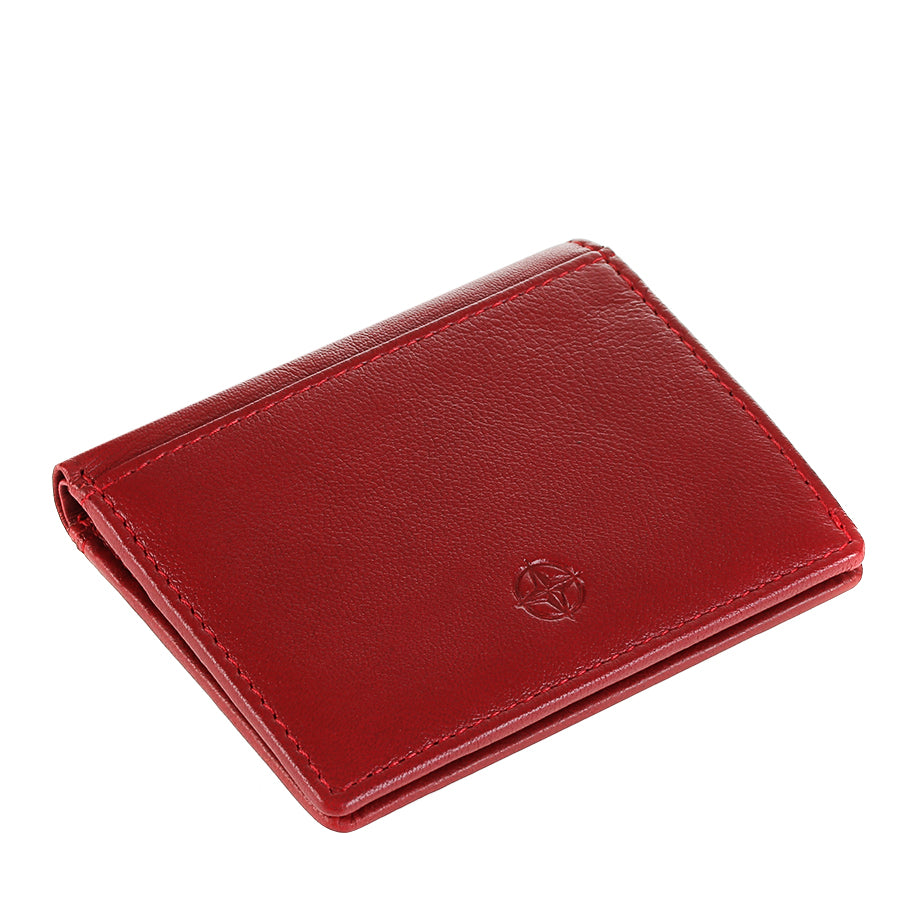 Tony Perotti Cortina 5045 rosso — standing at an angle, showing how flat the folded wallet stays