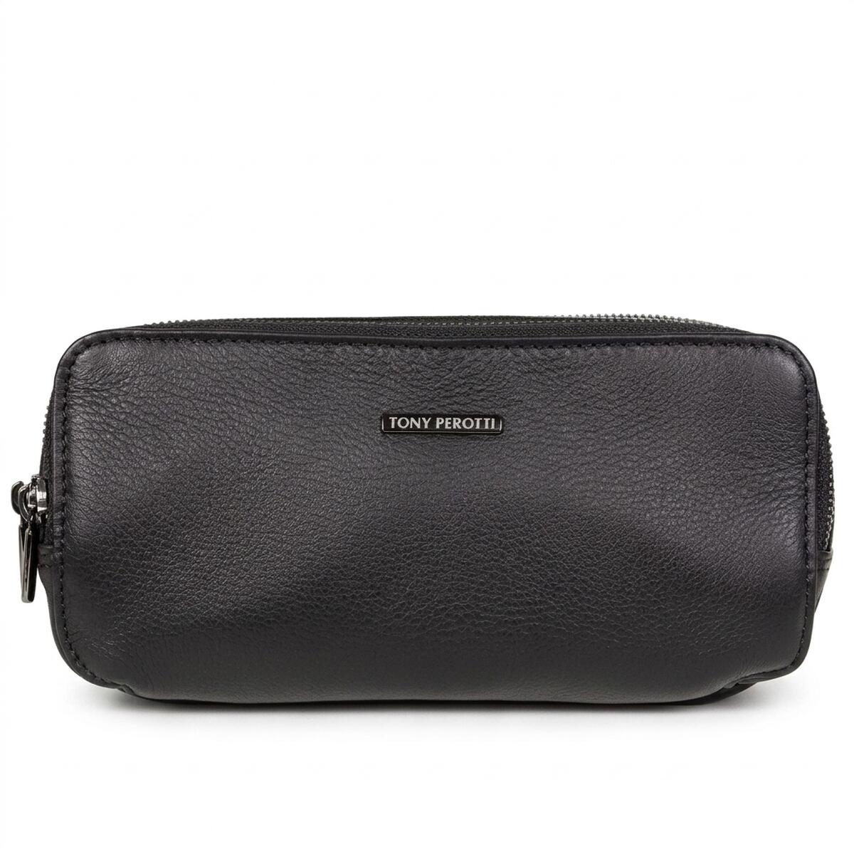 Tony Perotti black leather clutch New Contatto 6168 nero straight on — soft calf leather and the metal Tony Perotti plate