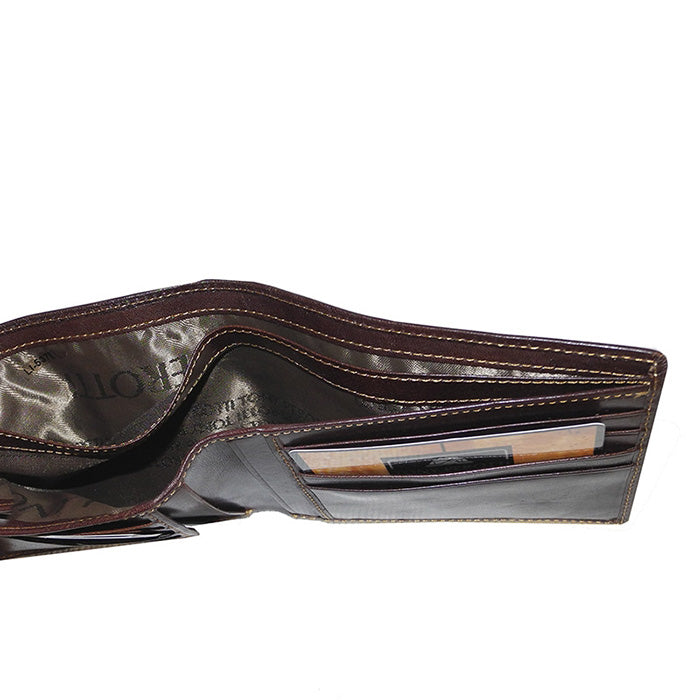 Tony Perotti dark brown wallet open to show bill compartment and branded lining