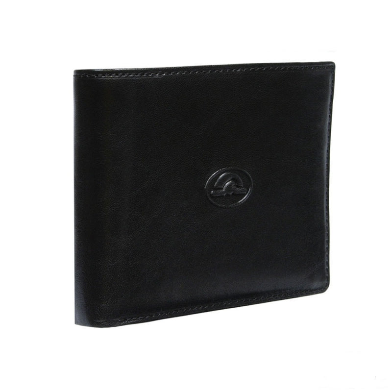 Tony Perotti Italico 533 nero men's black leather bifold wallet closed, standing at an angle — embossed oval Tony Perotti emblem