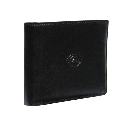 Tony Perotti Italico 533 nero men's black leather bifold wallet closed, standing at an angle — embossed oval Tony Perotti emblem