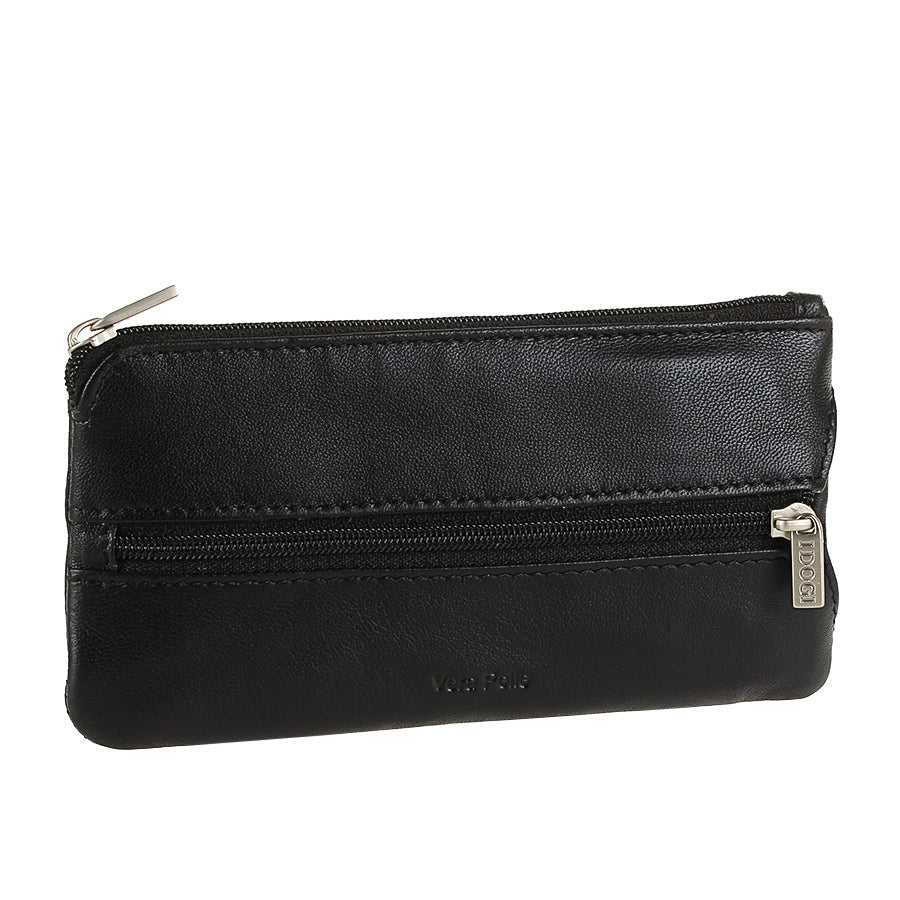 Tony Perotti Cortina 5021 nero — three-quarter view of the back: the second zip pocket, «Vera Pelle» embossed below it and the silver «I DOGI» zip pull