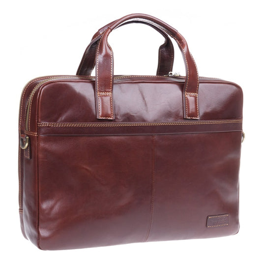 Tony Perotti Tuscania 9954 moro at an angle — glossy dark brown leather, two-way top zip and the D-ring for the strap