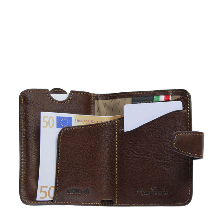Nevada 3796+RFID moro dark brown card holder open — card sleeve lowered, RFID-embossed panel, banknote and card slot