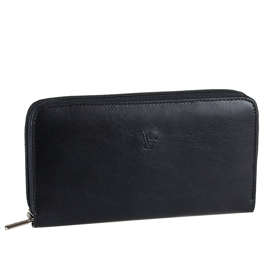 Navy Via Sorte 2250 leather wallet, front three-quarter view