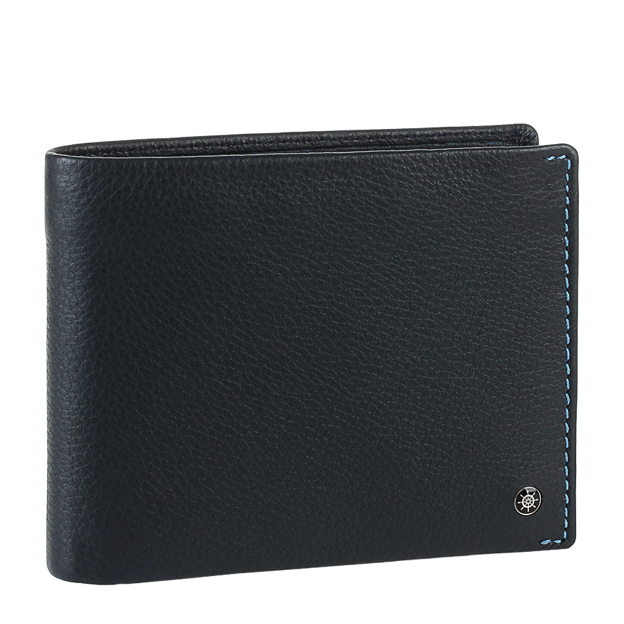 Tony Perotti Timone 11013G navy pebbled leather bifold wallet, three-quarter front view